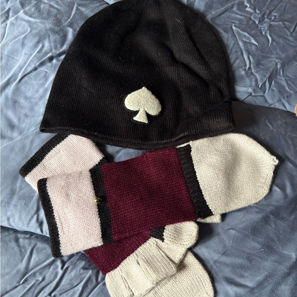 Kate Spade Beanie with Spade logo and matching fingerless/mitten gloves